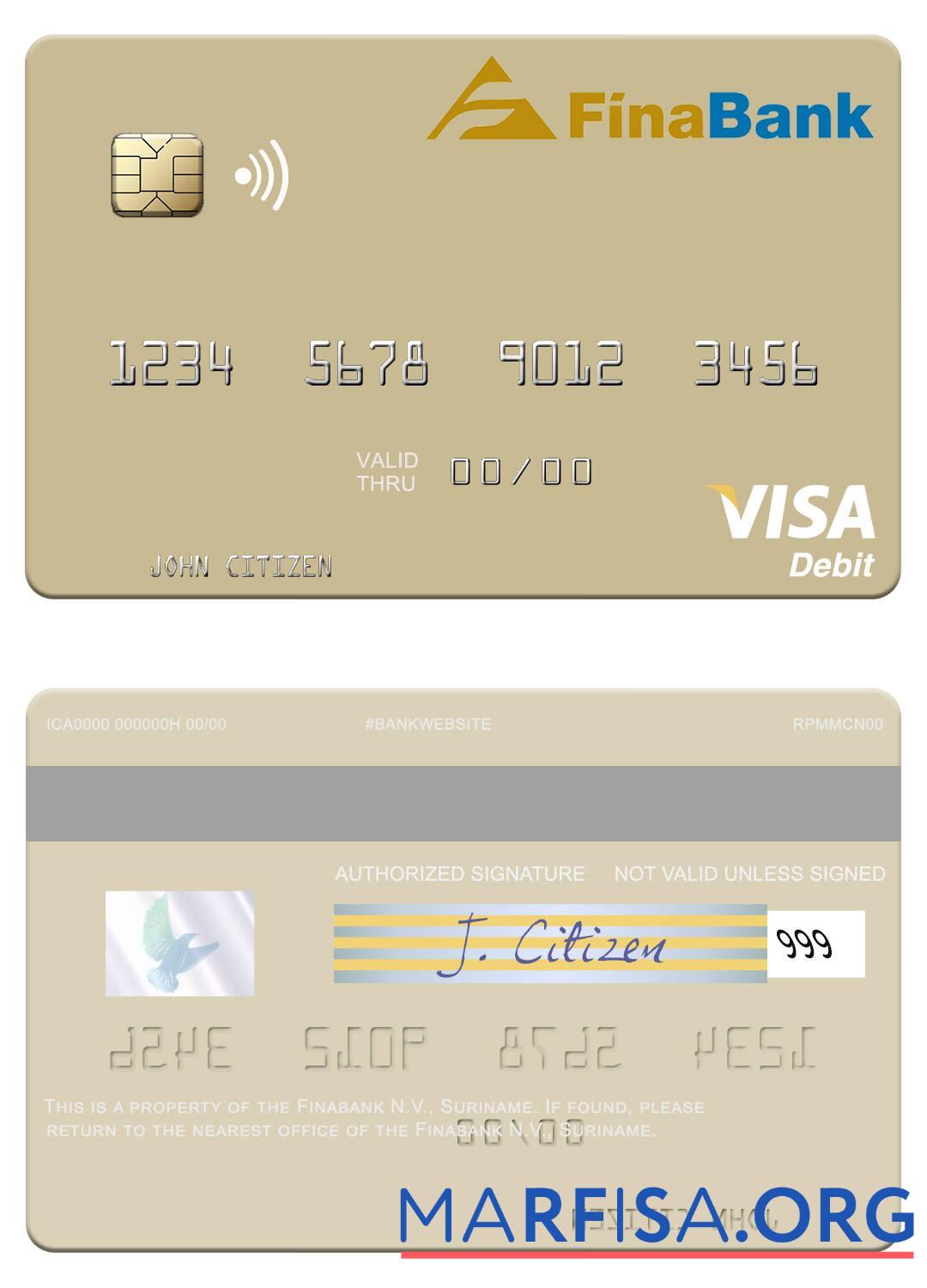 Blank Suriname Finabank N.V. visa debit card example